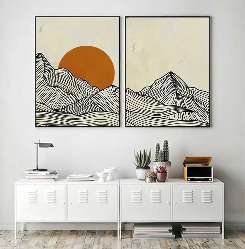 Minimalist Sun Mountain Line Abstract Wall Art,