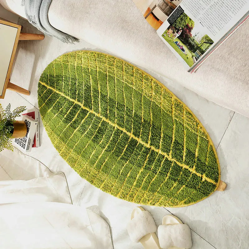 Green Leaf Shape Bath Mat Soft Tufted Bedroom Area Rug