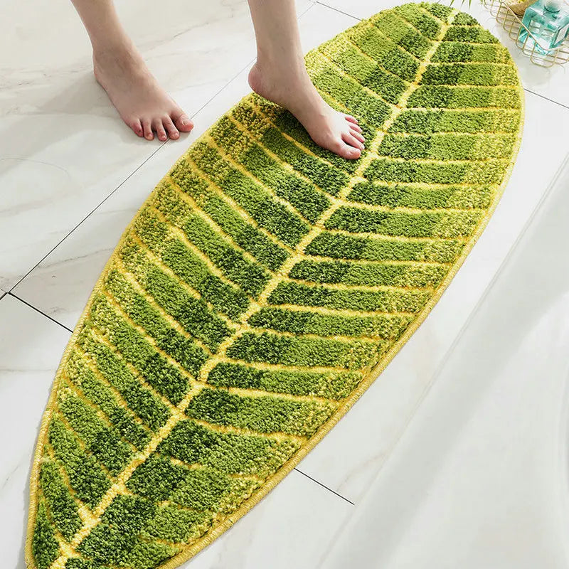 Green Leaf Shape Bath Mat Soft Tufted Bedroom Area Rug