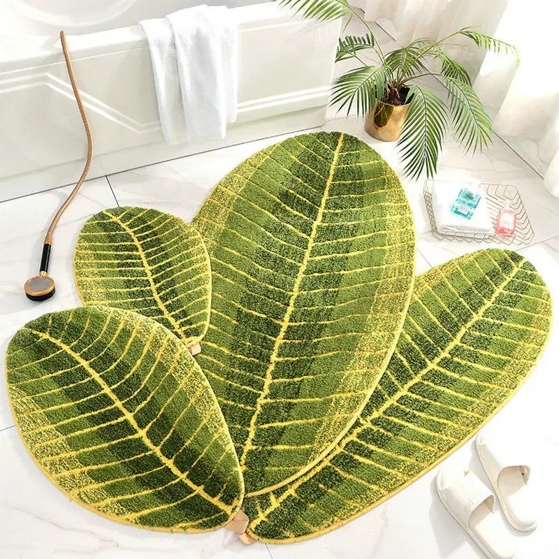 Green Leaf Shape Bath Mat Soft Tufted Bedroom Area Rug