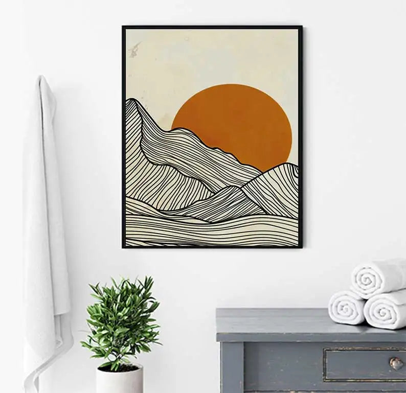 Minimalist Sun Mountain Line Abstract Wall Art,
