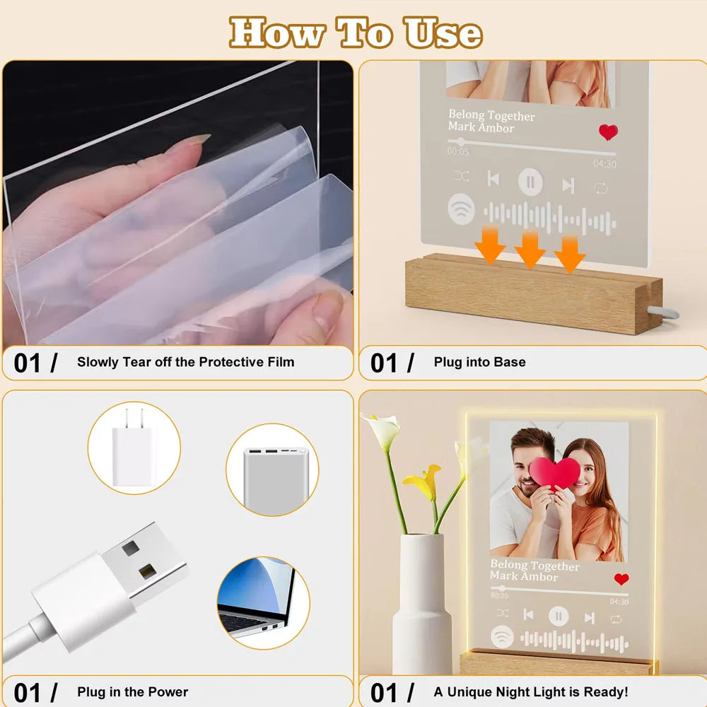 Custom Couples Gifts Acrylic Plaque Picture Frame Personalized Acrylic Lamp Photo with Night Light Anniversary Wedding Gifts