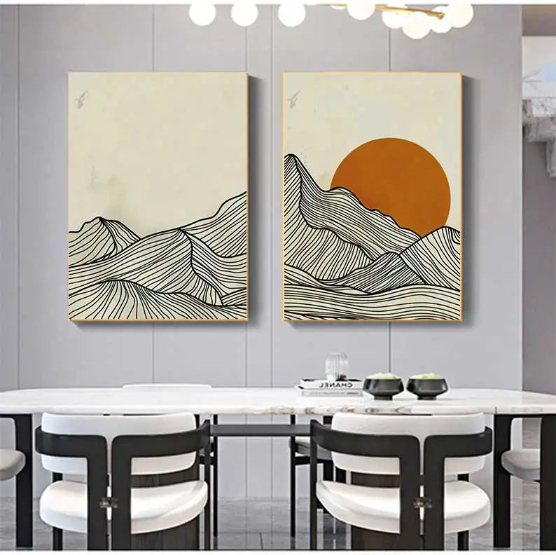 Minimalist Sun Mountain Line Abstract Wall Art,