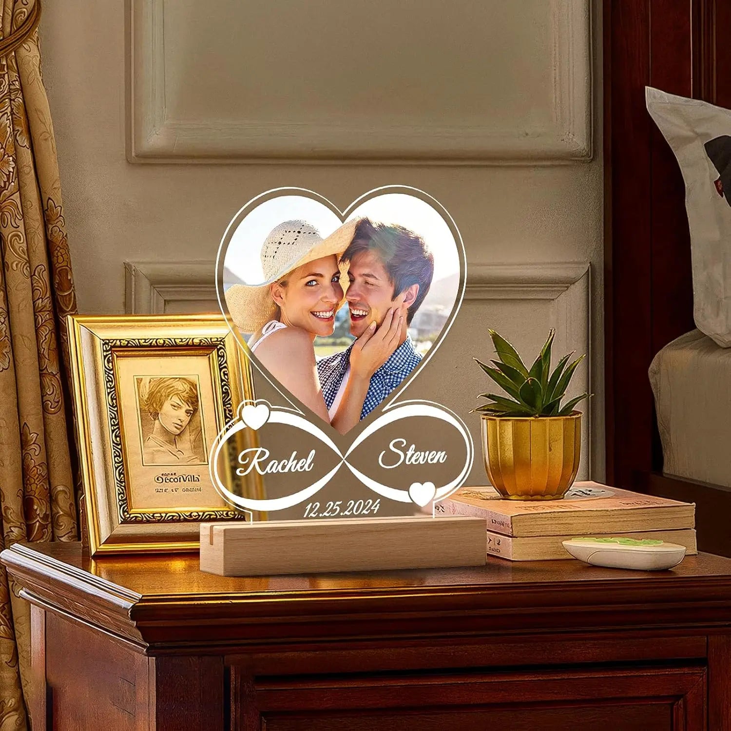 Custom Couples Gifts Acrylic Plaque Picture Frame Personalized Acrylic Lamp Photo with Night Light Anniversary Wedding Gifts