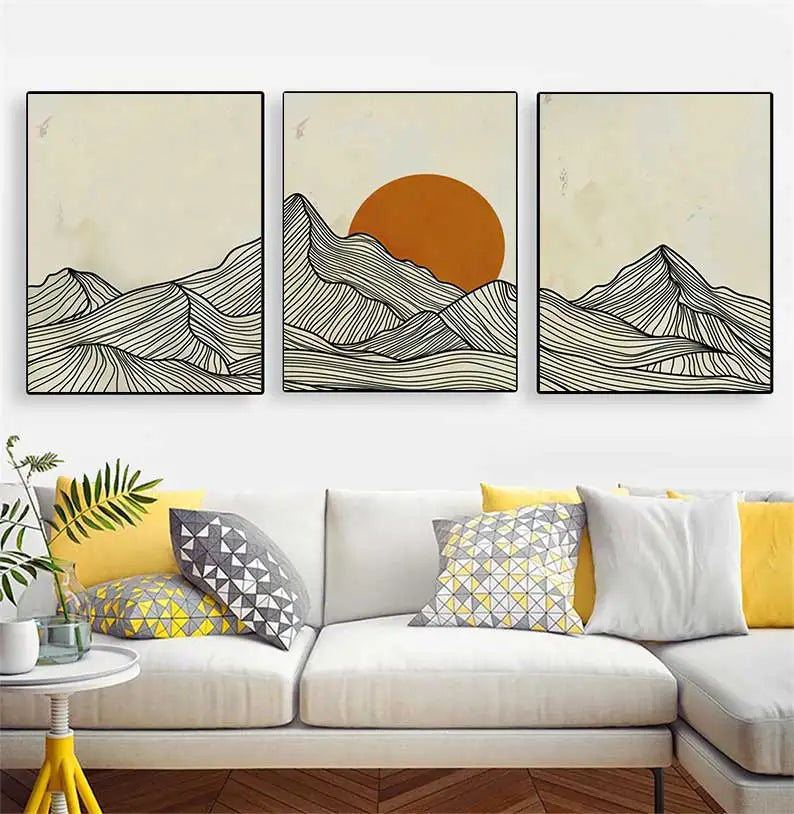 Minimalist Sun Mountain Line Abstract Wall Art,