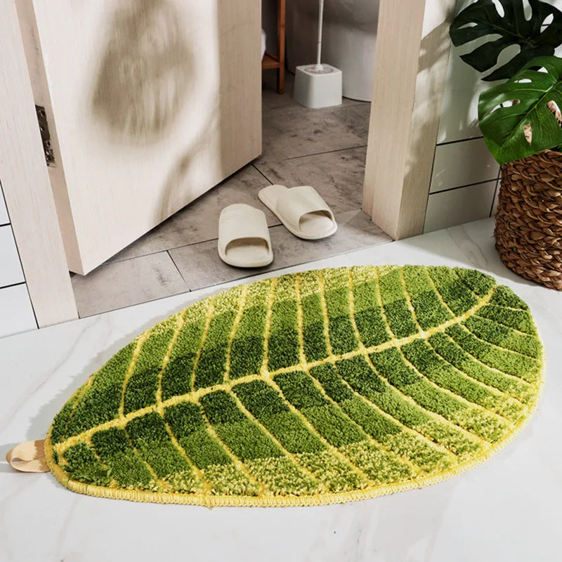 Green Leaf Shape Bath Mat Soft Tufted Bedroom Area Rug
