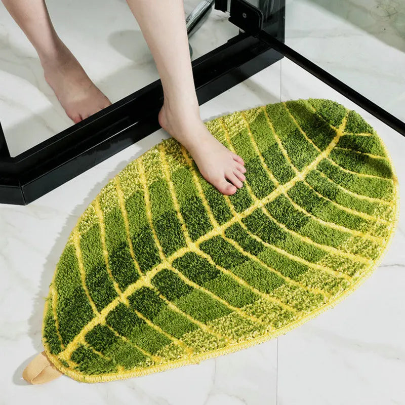 Green Leaf Shape Bath Mat Soft Tufted Bedroom Area Rug